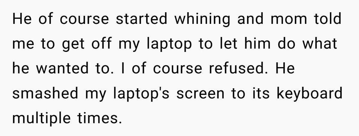 He of course started whining and mom told me to get off my laptop to let him do what he wanted to. I of course refused. He smashed my laptop's...