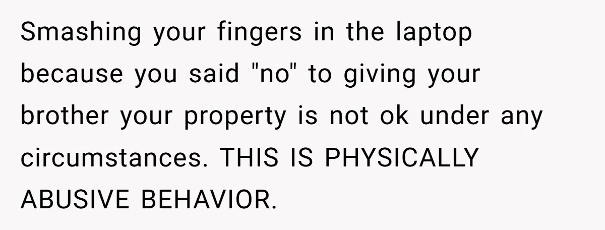 Smashing your fingers in the laptop because you said "no" to giving your brother your property is not ok under any circumstances. THIS IS PHYSICALLY ABUSIVE BEHAVIOR.