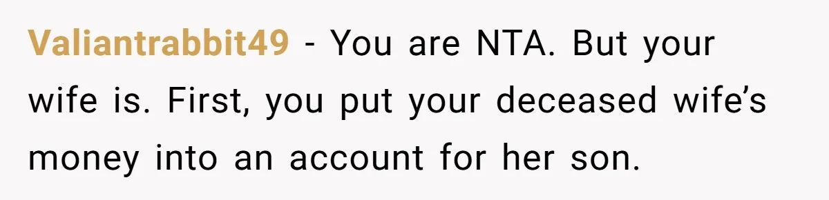 Valiantrabbit49 − You are NTA. But your wife is. First, you put your deceased wife’s money into an account for her son.