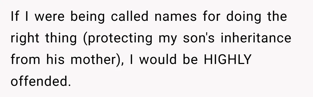 If I were being called names for doing the right thing (protecting my son's inheritance from his mother), I would be HIGHLY offended.
