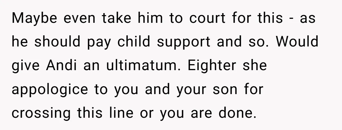 Maybe even take him to court for this - as he should pay child support and so. Would give Andi an ultimatum. Eighter she appologice to you and your son...