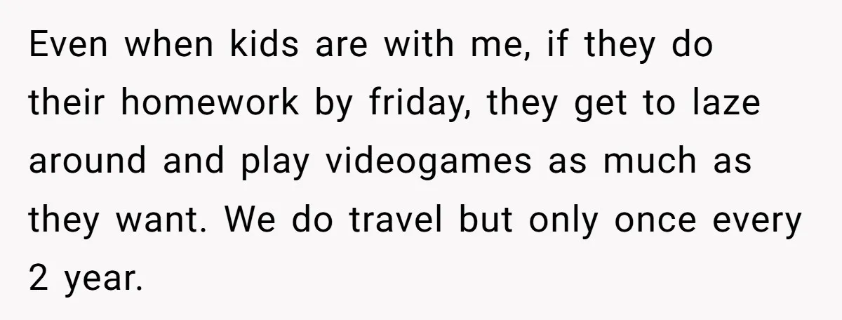 Even when kids are with me, if they do their homework by friday, they get to laze around and play videogames as much as they want. We do travel but...