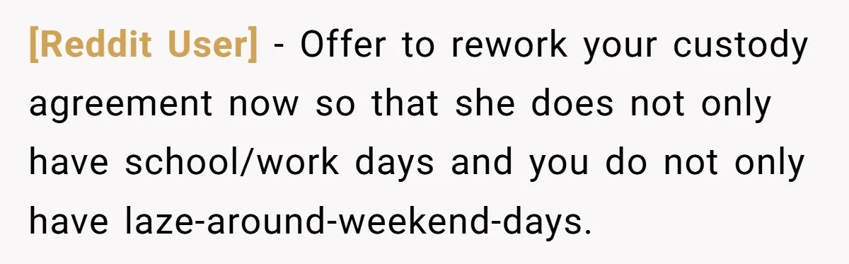 [Reddit User] − Offer to rework your custody agreement now so that she does not only have school/work days and you do not only have laze-around-weekend-days.