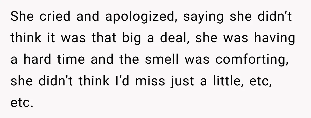 She cried and apologized, saying she didn’t think it was that big a deal, she was having a hard time and the smell was comforting, she didn’t think I’d miss...
