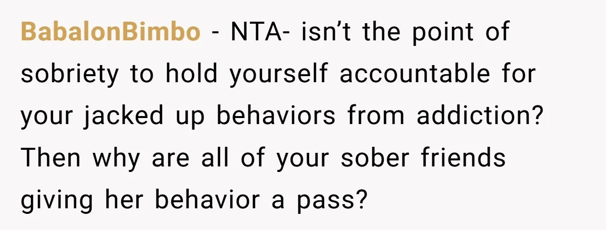 BabalonBimbo − NTA- isn’t the point of sobriety to hold yourself accountable for your jacked up behaviors from addiction? Then why are all of your sober friends giving her behavior...