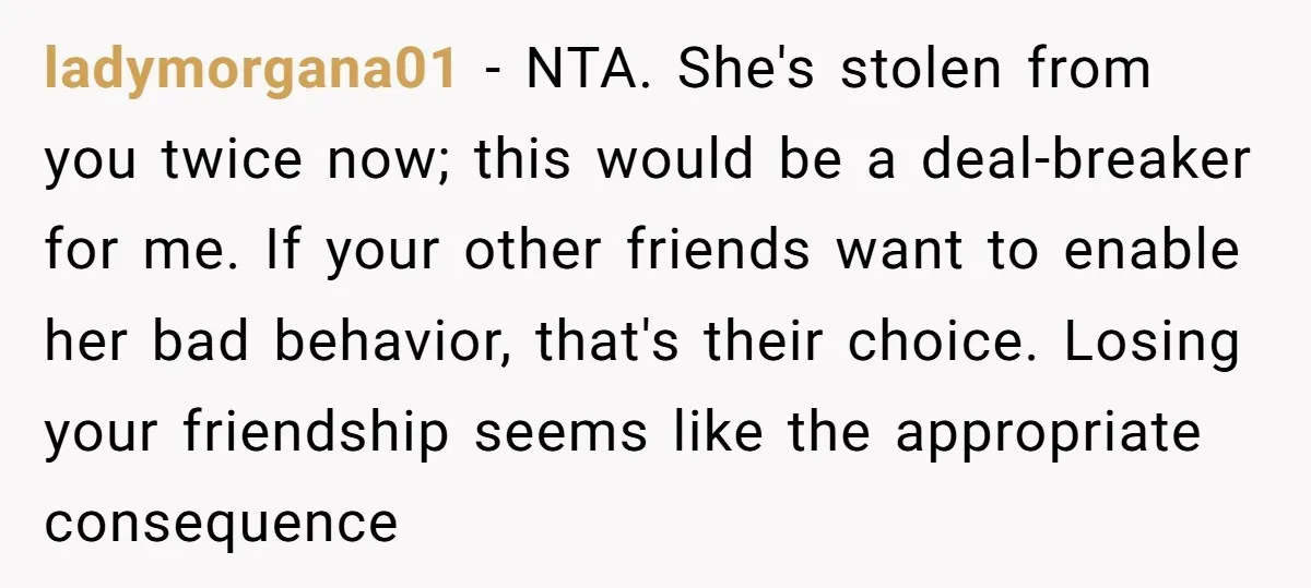 ladymorgana01 − NTA. She's stolen from you twice now; this would be a deal-breaker for me. If your other friends want to enable her bad behavior, that's their choice. Losing...