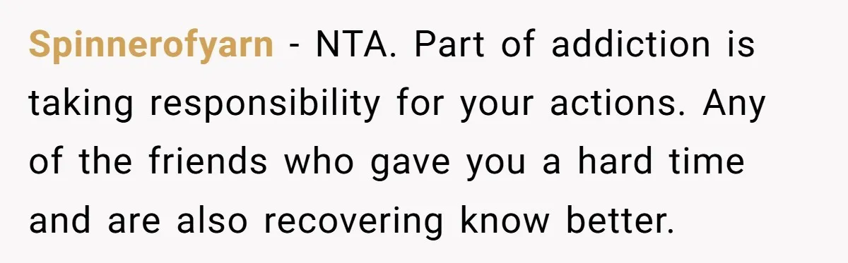 Spinnerofyarn − NTA. Part of addiction is taking responsibility for your actions. Any of the friends who gave you a hard time and are also recovering know better.