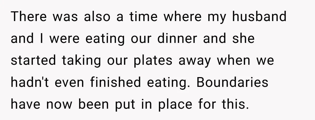 There was also a time where my husband and I were eating our dinner and she started taking our plates away when we hadn't even finished eating. Boundaries have now...