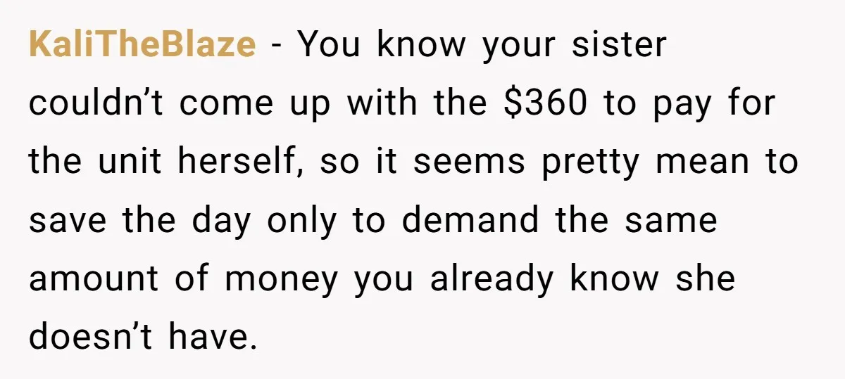 KaliTheBlaze − You know your sister couldn’t come up with the $360 to pay for the unit herself, so it seems pretty mean to save the day only to demand...