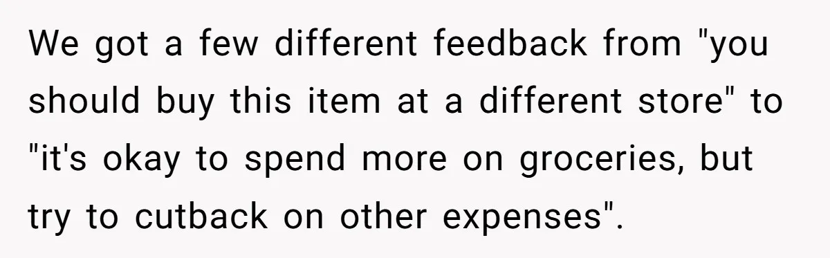 We got a few different feedback from "you should buy this item at a different store" to "it's okay to spend more on groceries, but try to cutback on other...