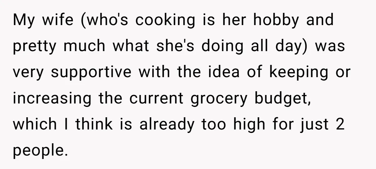My wife (who's cooking is her hobby and pretty much what she's doing all day) was very supportive with the idea of keeping or increasing the current grocery budget, which...