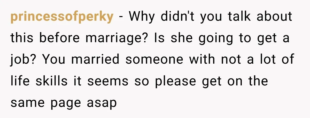princessofperky − Why didn't you talk about this before marriage? Is she going to get a job? You married someone with not a lot of life skills it seems so...
