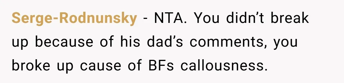 Serge-Rodnunsky − NTA. You didn’t break up because of his dad’s comments, you broke up cause of BFs callousness.