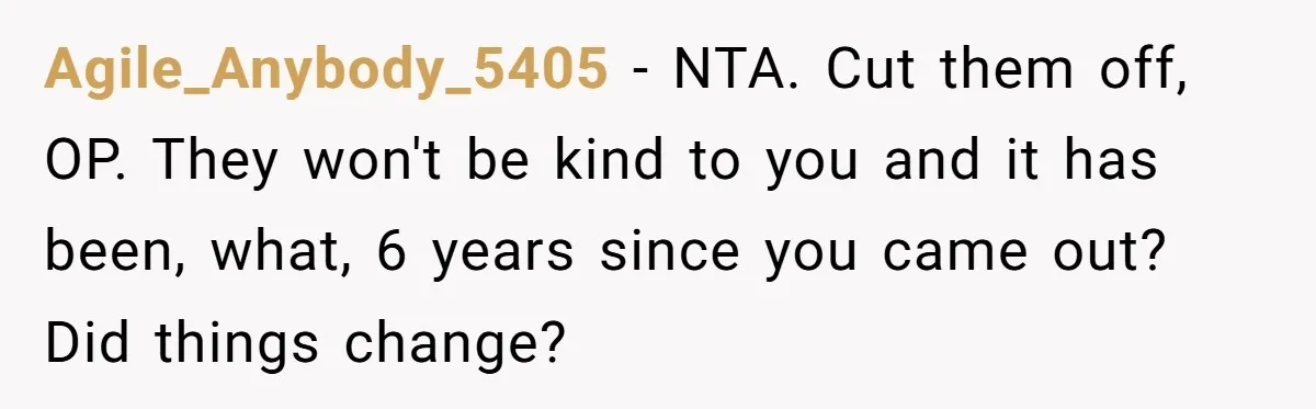 Agile_Anybody_5405 − NTA. Cut them off, OP. They won't be kind to you and it has been, what, 6 years since you came out? Did things change?