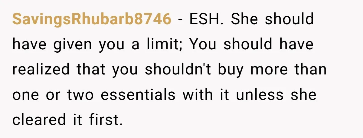 SavingsRhubarb8746 − ESH. She should have given you a limit; You should have realized that you shouldn't buy more than one or two essentials with it unless she cleared it...