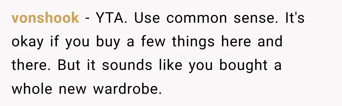 vonshook − YTA. Use common sense. It's okay if you buy a few things here and there. But it sounds like you bought a whole new wardrobe.