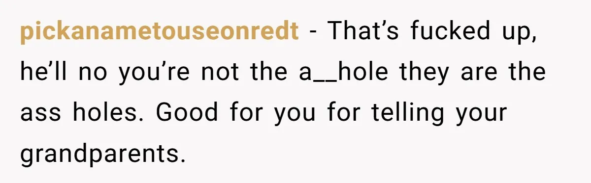 pickanametouseonredt − That’s fucked up, he’ll no you’re not the a__hole they are the ass holes. Good for you for telling your grandparents.