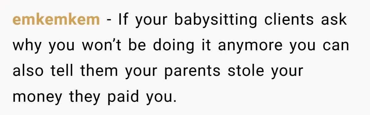 emkemkem − If your babysitting clients ask why you won’t be doing it anymore you can also tell them your parents stole your money they paid you.
