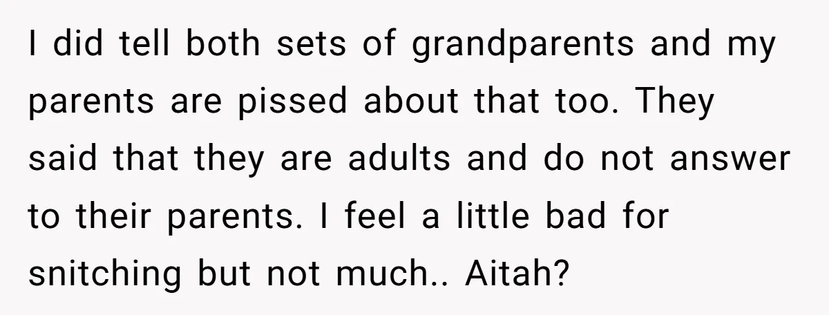I did tell both sets of grandparents and my parents are pissed about that too. They said that they are adults and do not answer to their parents. I feel...