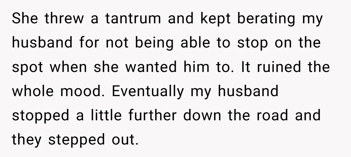 She threw a tantrum and kept berating my husband for not being able to stop on the spot when she wanted him to. It ruined the whole mood. Eventually my...