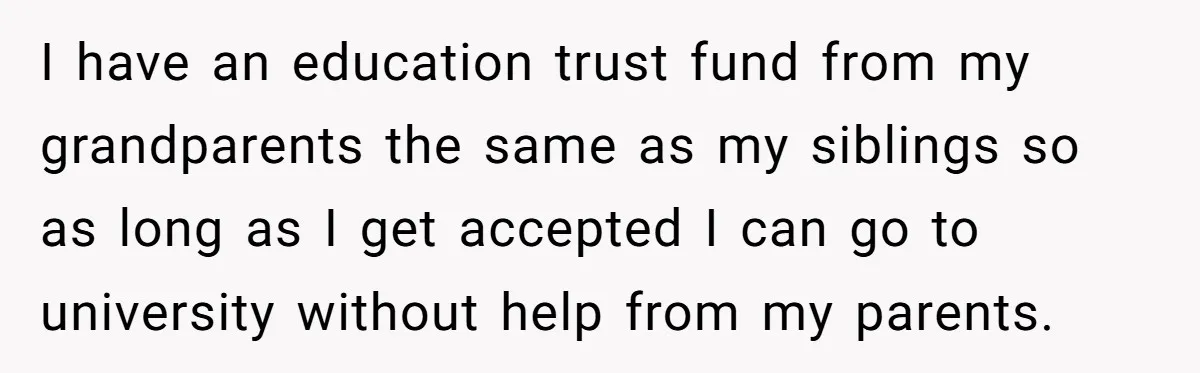 I have an education trust fund from my grandparents the same as my siblings so as long as I get accepted I can go to university without help from my...