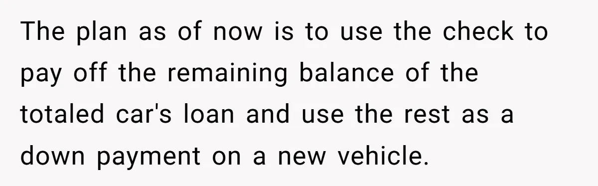 The plan as of now is to use the check to pay off the remaining balance of the totaled car's loan and use the rest as a down payment on...