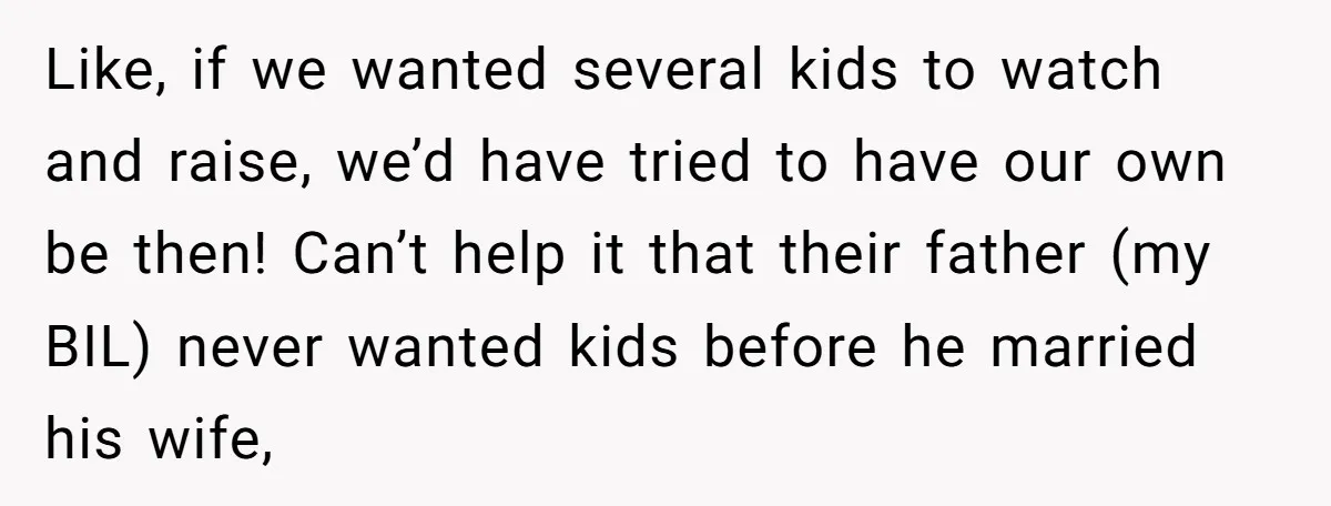 Like, if we wanted several kids to watch and raise, we’d have tried to have our own be then! Can’t help it that their father (my BIL) never wanted kids...