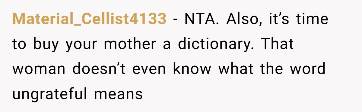 Material_Cellist4133 − NTA. Also, it’s time to buy your mother a dictionary. That woman doesn’t even know what the word ungrateful means