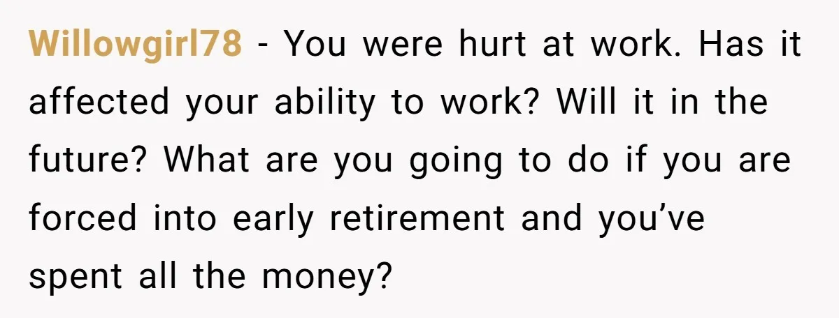 Willowgirl78 − You were hurt at work. Has it affected your ability to work? Will it in the future? What are you going to do if you are forced into...