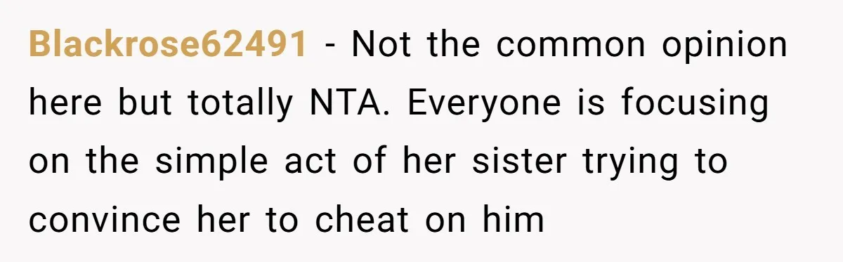 Blackrose62491 − Not the common opinion here but totally NTA. Everyone is focusing on the simple act of her sister trying to convince her to cheat on him