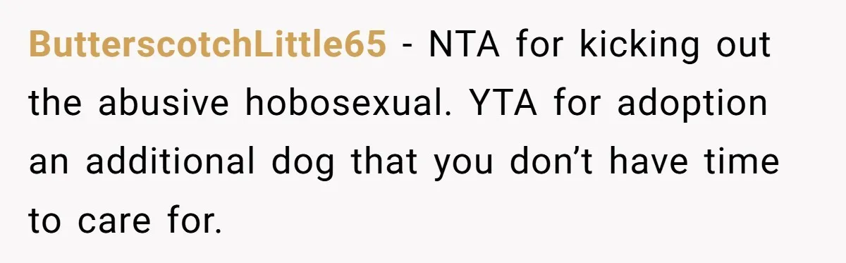 ButterscotchLittle65 − NTA for kicking out the abusive hobosexual. YTA for adoption an additional dog that you don’t have time to care for.