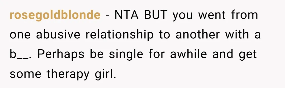 rosegoldblonde − NTA BUT you went from one abusive relationship to another with a b__. Perhaps be single for awhile and get some therapy girl.