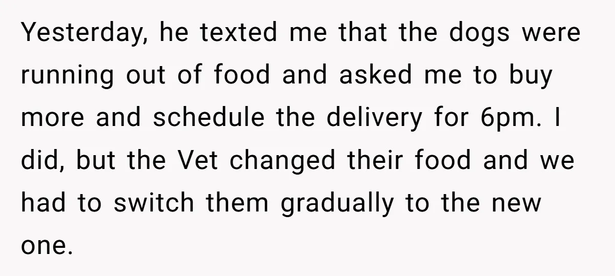 Yesterday, he texted me that the dogs were running out of food and asked me to buy more and schedule the delivery for 6pm. I did, but the Vet changed...