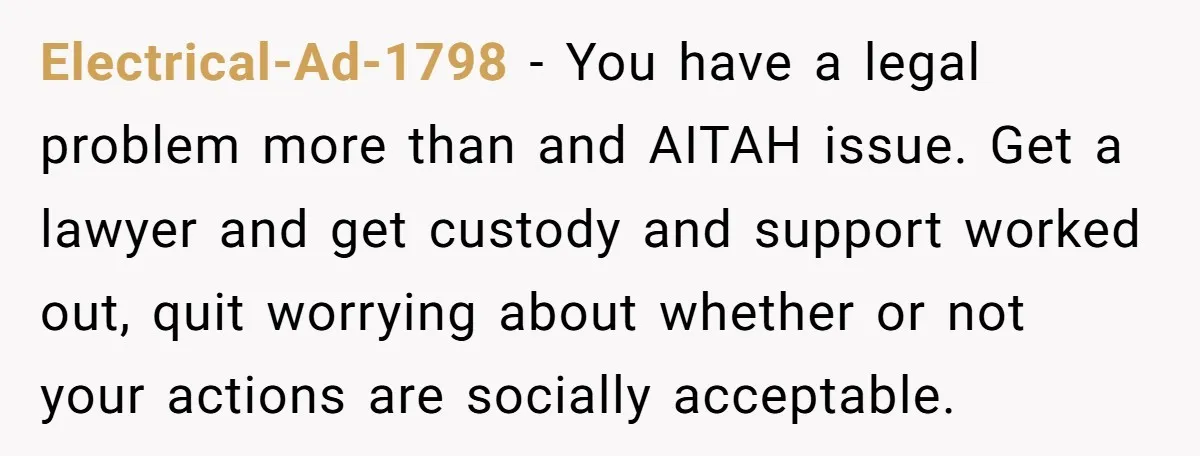 Electrical-Ad-1798 − You have a legal problem more than and AITAH issue. Get a lawyer and get custody and support worked out, quit worrying about whether or not your actions...