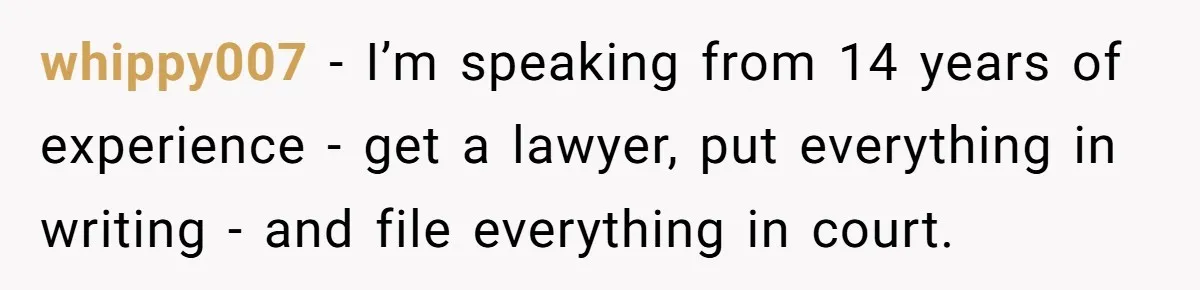 whippy007 − I’m speaking from 14 years of experience - get a lawyer, put everything in writing - and file everything in court.