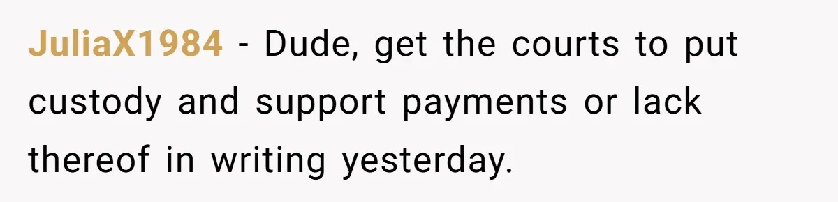 JuliaX1984 − Dude, get the courts to put custody and support payments or lack thereof in writing yesterday.