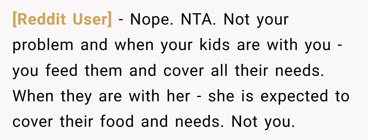 [Reddit User] − Nope. NTA. Not your problem and when your kids are with you - you feed them and cover all their needs. When they are with her -...