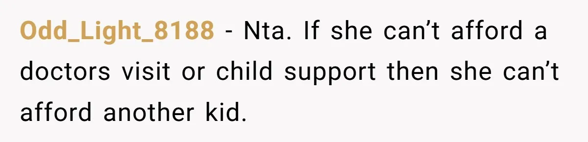 Odd_Light_8188 − Nta. If she can’t afford a doctors visit or child support then she can’t afford another kid.