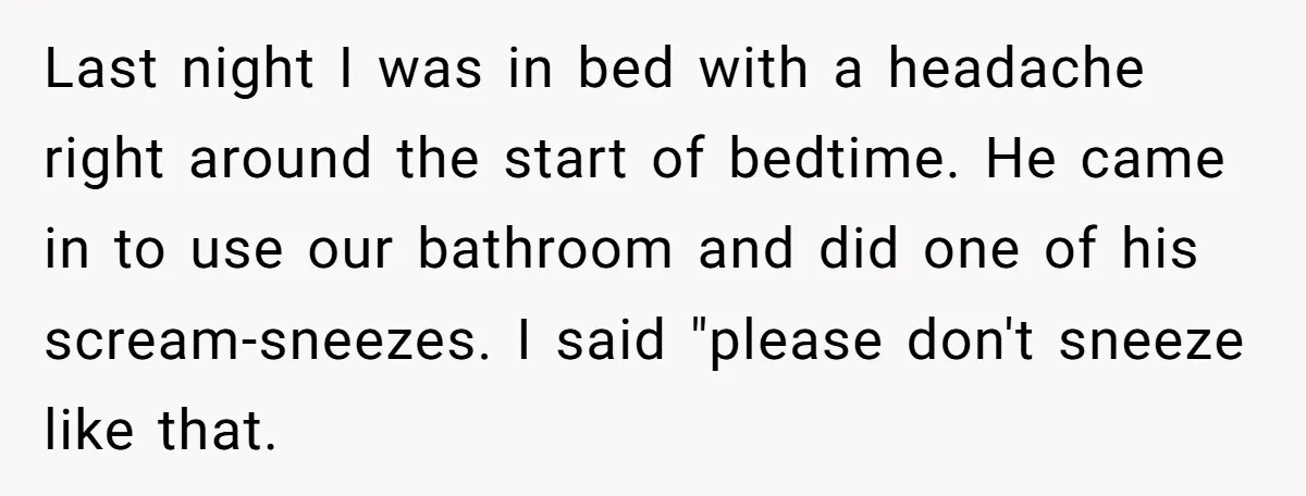 Last night I was in bed with a headache right around the start of bedtime. He came in to use our bathroom and did one of his scream-sneezes. I said...