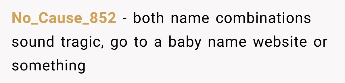 No_Cause_852 − both name combinations sound tragic, go to a baby name website or something