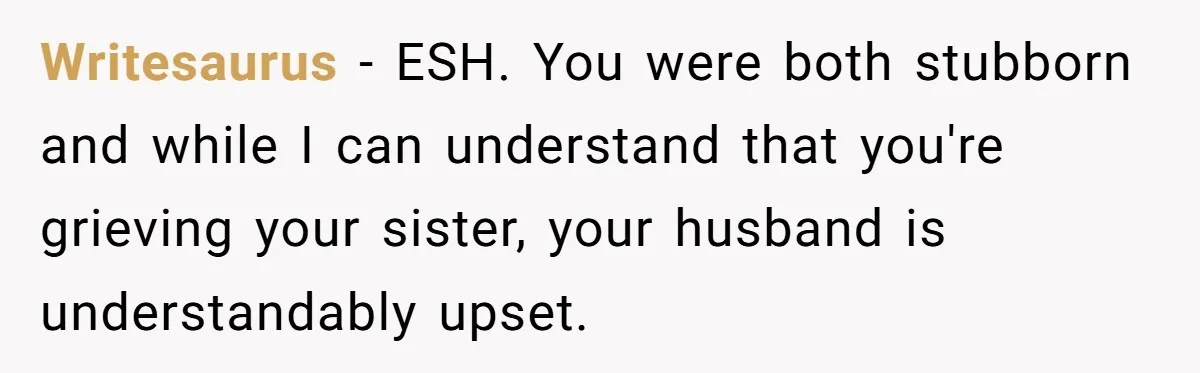 Writesaurus − ESH. You were both stubborn and while I can understand that you're grieving your sister, your husband is understandably upset.