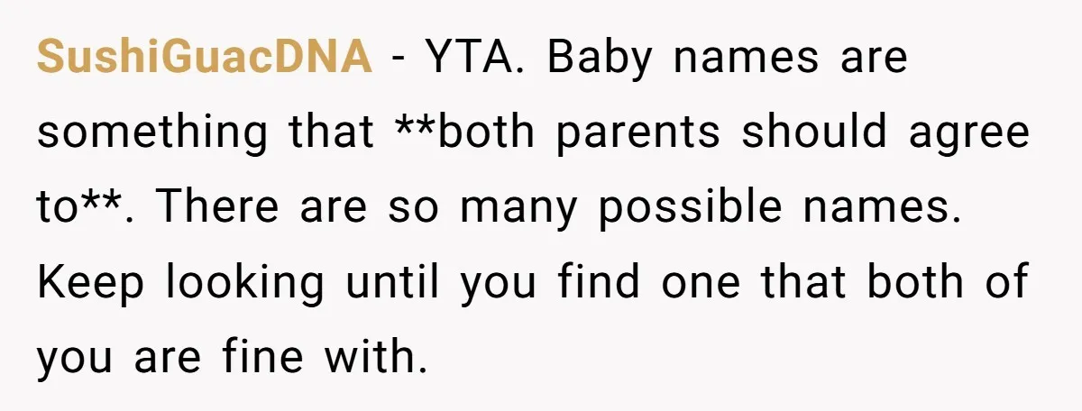 SushiGuacDNA − YTA. Baby names are something that **both parents should agree to**. There are so many possible names. Keep looking until you find one that both of you are...