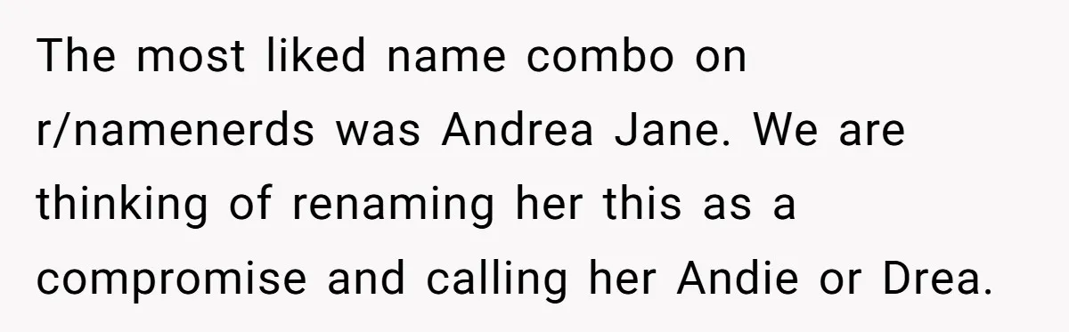 The most liked name combo on r/namenerds was Andrea Jane. We are thinking of renaming her this as a compromise and calling her Andie or Drea.