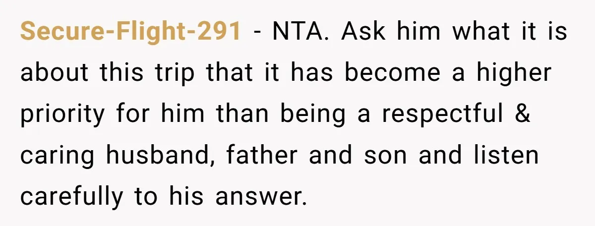 Secure-Flight-291 − NTA. Ask him what it is about this trip that it has become a higher priority for him than being a respectful & caring husband, father and son...