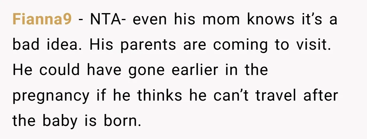Fianna9 − NTA- even his mom knows it’s a bad idea. His parents are coming to visit. He could have gone earlier in the pregnancy if he thinks he can’t...