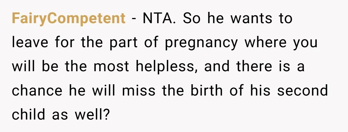 FairyCompetent − NTA. So he wants to leave for the part of pregnancy where you will be the most helpless, and there is a chance he will miss the birth...
