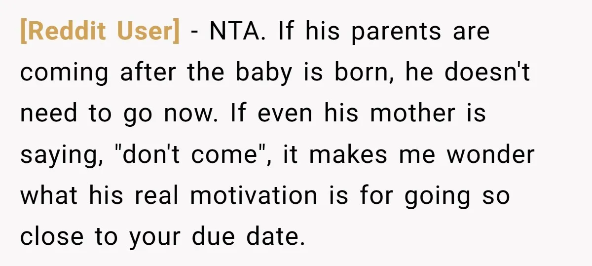 [Reddit User] − NTA. If his parents are coming after the baby is born, he doesn't need to go now. If even his mother is saying, "don't come", it makes...