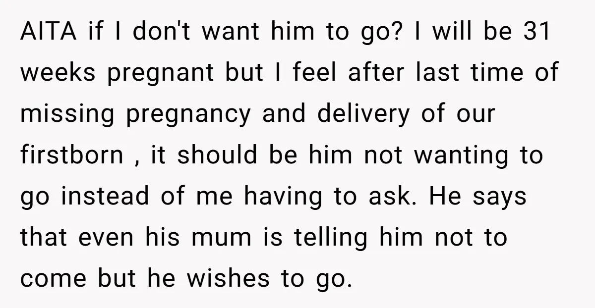 AITA if I don't want him to go? I will be 31 weeks pregnant but I feel after last time of missing pregnancy and delivery of our firstborn , it...