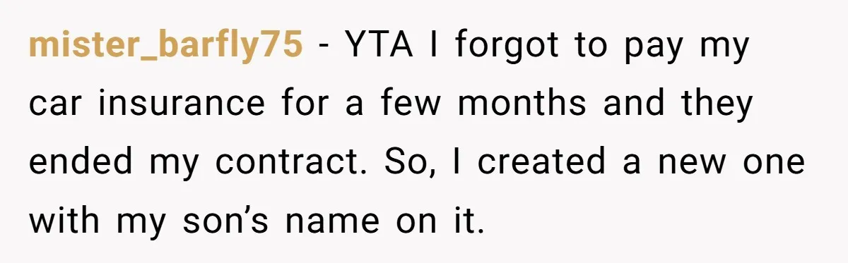 mister_barfly75 − YTA I forgot to pay my car insurance for a few months and they ended my contract. So, I created a new one with my son’s name on...