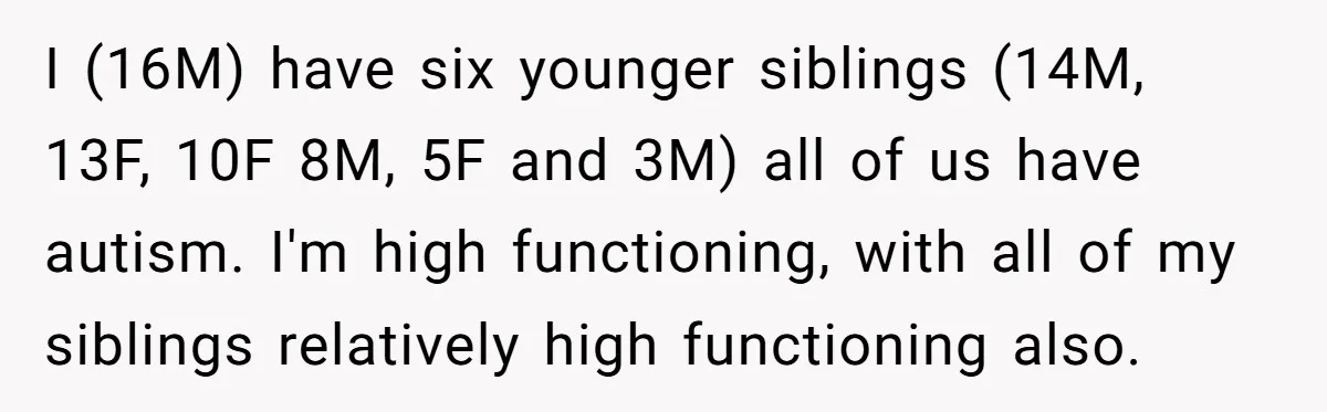 I (16M) have six younger siblings (14M, 13F, 10F 8M, 5F and 3M) all of us have autism. I'm high functioning, with all of my siblings relatively high functioning also.